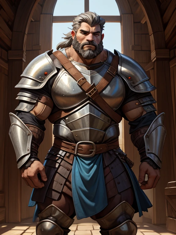 burly virile bulky man, overmuscular and musclebound, bulging veiny muscles, broad shoulders, wide chest, overly thick arms and legs, thick body, a hulking figure with swelling muscles, a long bushy beard, grey hair, a knight wearing armor, high detail, medieval fantasy, realistic, dramatic lighting, dynamic pose, armor details, by Greg Rutkowsky and Boris Vallejo, 4k resolution