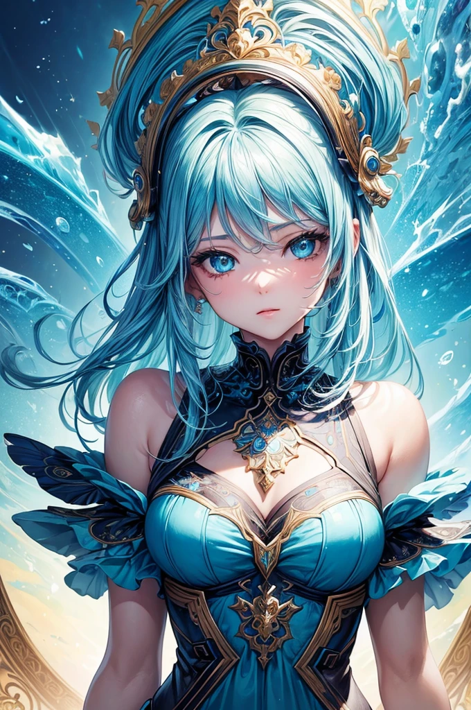 (masterpiece, top quality, best quality, official art, Beauty and aesthetics: 1.2), (1 Girl: 1.3), (Fractal Art: 1.3), Vibrant aqua blue eyes, #1: Medium-Length Hair with Fringe, Nude center