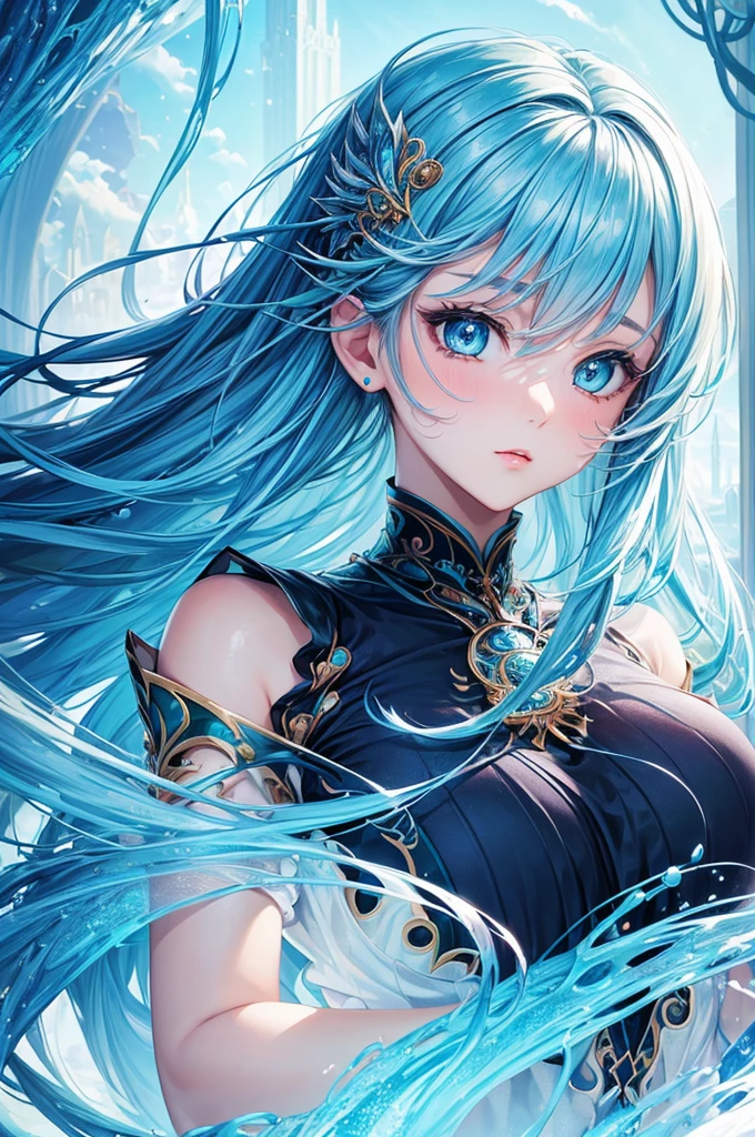 (masterpiece, top quality, best quality, official art, Beauty and aesthetics: 1.2), (1 Girl: 1.3), (Fractal Art: 1.3), Vibrant aqua blue eyes, #1: Medium-Length Hair with Fringe, Nude center