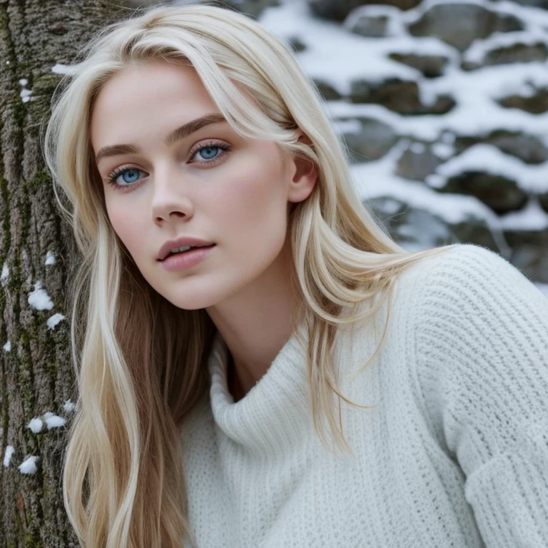 She is a striking Nordic beauty, with pale blonde hair that seems to reflect sunlight even indoors. Ses mèches d'un blond doré encadrent délicatement son visage, tombant en douces vagues sur ses épaules. Sa chevelure semble presque argentée par endroits, ajoutant une dimension de mystère à sa beauté. Son visage est finement sculpté, avec des pommettes hautes et des traits délicats. Ses yeux sont d'un bleu clair, rappelant les eaux cristallines des fjords scandinaves, et ils pétillent d'intelligence et de curiosité. Her eyebrows are thin and defined, framing her eyes in a way that accentuates their natural glow. His skin is almost translucent pale., comme si elle avait capturé la lumière de l'hiver nordique. Pourtant, it has a softness and luminosity that seems unreal, almost as if it was lit from within. Elle a une allure élancée et gracieuse, avec une silhouette svelte et des courbes douces. His approach is assured, but imbued with a certain natural grace, as if she were floating on a carpet of fresh snow. Her clothing style is simple but elegant, avec des vêtements qui mettent en valeur sa silhouette et sa beauté naturelle. Elle porte souvent des couleurs claires et des tissus légers, évoquant la fraîcheur et la pureté de son environnement scandinave. Dans l'ensemble, elle dégage une aura de fraîcheur et d'innocence, combined with timeless intelligence and grace. She is the epitome of Nordic beauty, with her angelic appearance and captivating presence.