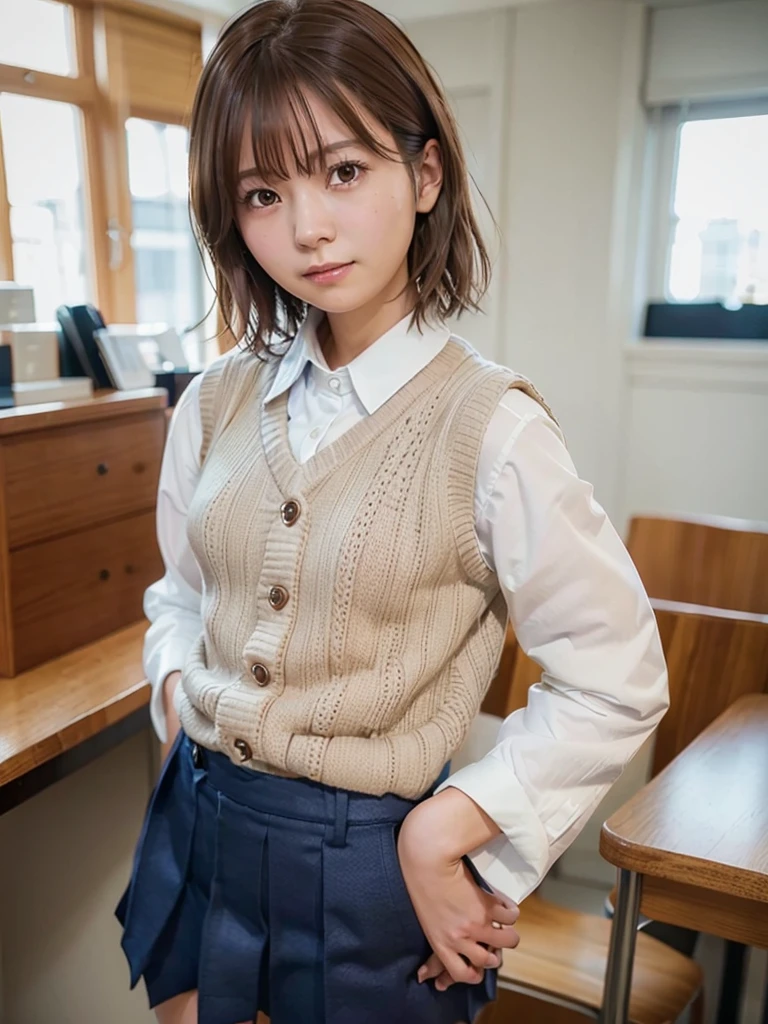 Masterpiece, Top Quality, Top Mikoto, brown eyes, short hair, small breasts, looking at viewer, alone, closed mouth, collared shirt, beige knit vest, dark blue Skirt, school_uniform, shirt, white_shirt, classroom,Masterpiece, highest quality, 8K, detailed skin texture, fine cloth texture, beautiful detailed face, intricate details, super detailed,cute,cute posing,composition that shows the whole body,