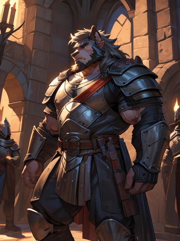 burly virile bulky man, overmuscular and musclebound, bulging veiny muscles, broad shoulders, wide chest, overly thick arms and legs, thick body, a hulking figure with swelling muscles, a long bushy beard, grey hair, a knight wearing armor, high detail, medieval fantasy, realistic, dramatic lighting, dynamic pose, armor details, by Greg Rutkowsky and Boris Vallejo, 4k resolution