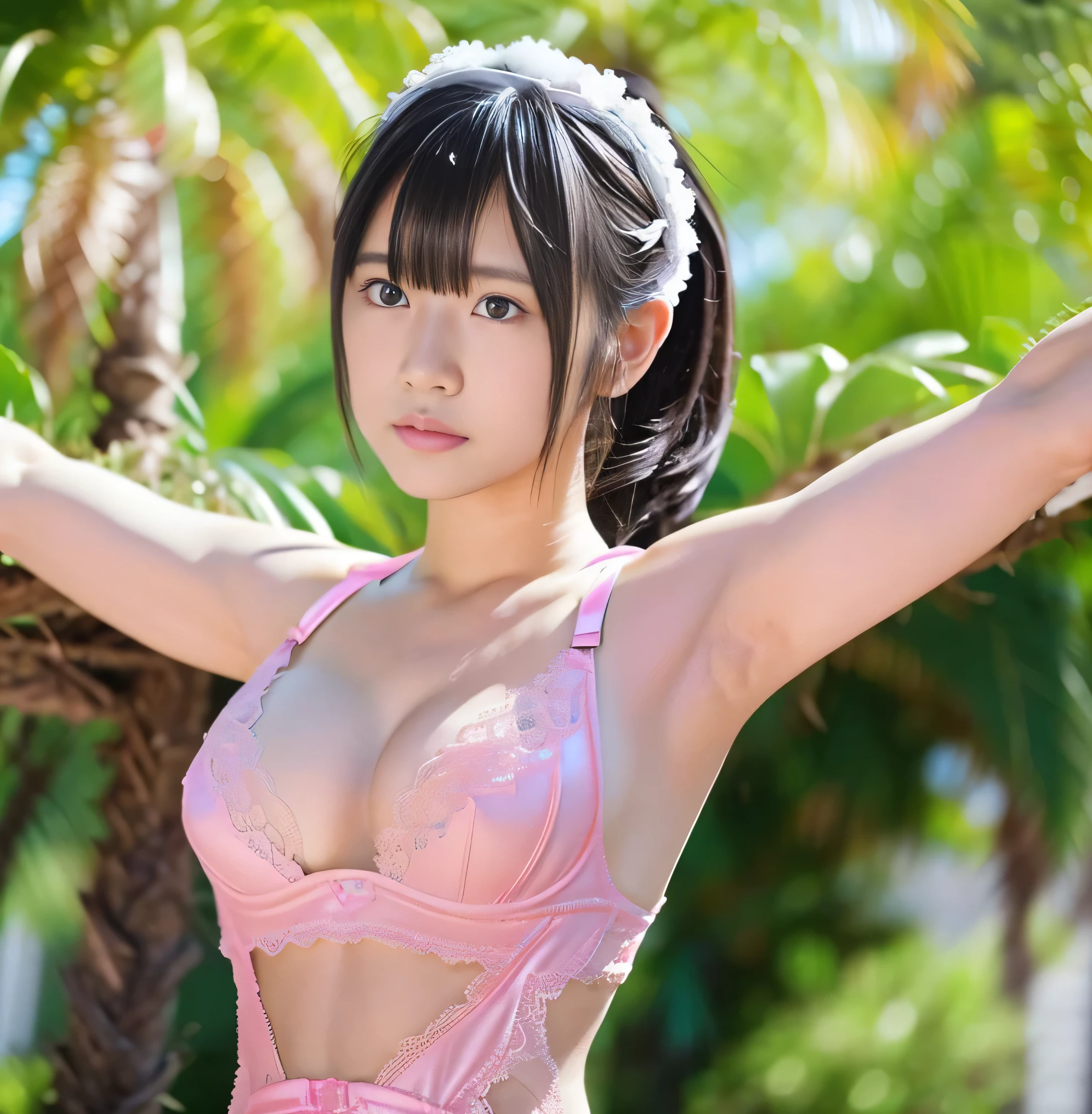 highest quality,masterpiece,Ultra-high resolution, Very detailed, 8k,A beautiful Japanese woman:1.5, Black hair ponytail, blunt bangs, ((Crucifixion)),Small face,((Woman in Crucifixion on Cross:1.5, Extremely small waist, Breast Augmentation Surgery)), (Pink and white bodysuit with shiny and glamorous lace:1.5, tiara), Breast Augmentation Surgery、 Detailed super smelly armpits、 Super thick armpit hair、 Sad expression