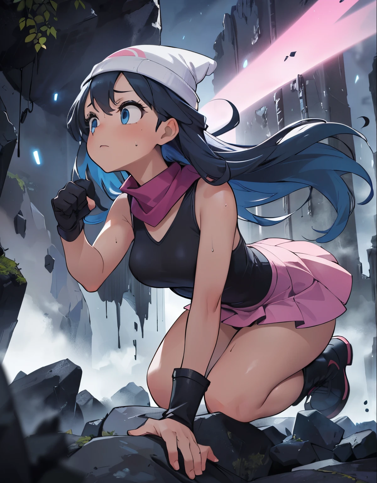 (best quality,4k,highres),(realistic:1.37),(dark,moody:0.9),(intense,high-contrast:1.1),(dramatic lighting,shadowysterious atmosphere),dawn \(pokemon\), beanie, long hair, blue hair, blue eyes, black sleeveless shirt, pink scarf, pink skirt, pink boots, white panties, body shape, chubby thighs, thick thigh,(beautiful detailed eyes,long eyelashes:1.1),(filthy,clothing tearing),(sweat,heavy breathing),(trembling body),(urgent,panic-stricken),(desperate escape),(damp walls,rough texture),(massive boulder:1.2),(colorful fragments,flying in the air),(danger,disaster:1.1),(trapped,enclosed space),(fear,terror),(ominous presence),(echoing sound),(heart-pounding),(blurry motion effect),(narrow passage,limited visibility),(tension,suspense:1.1),(drenched in darkness),(dynamic composition),(determined expression),(uneven terrain),(moss-covered rocks),(fearful gaze),(eerie silence),(adventure,thriller),(sudden tilt,angled perspective),(crawling in shadows),(intense action),(arduous escape),(precise lighting),(subtle hint of hope),(adrenaline rush),(chasing scene),(glimpse of light at the end),(faint echoes),(emerging from darkness),(sudden relief),(strength,agility),(quick reflexes),(pulsating energy),(cave exploration),(skilled dodge),(flickering light),(intense pursuit),(breathtaking tension)