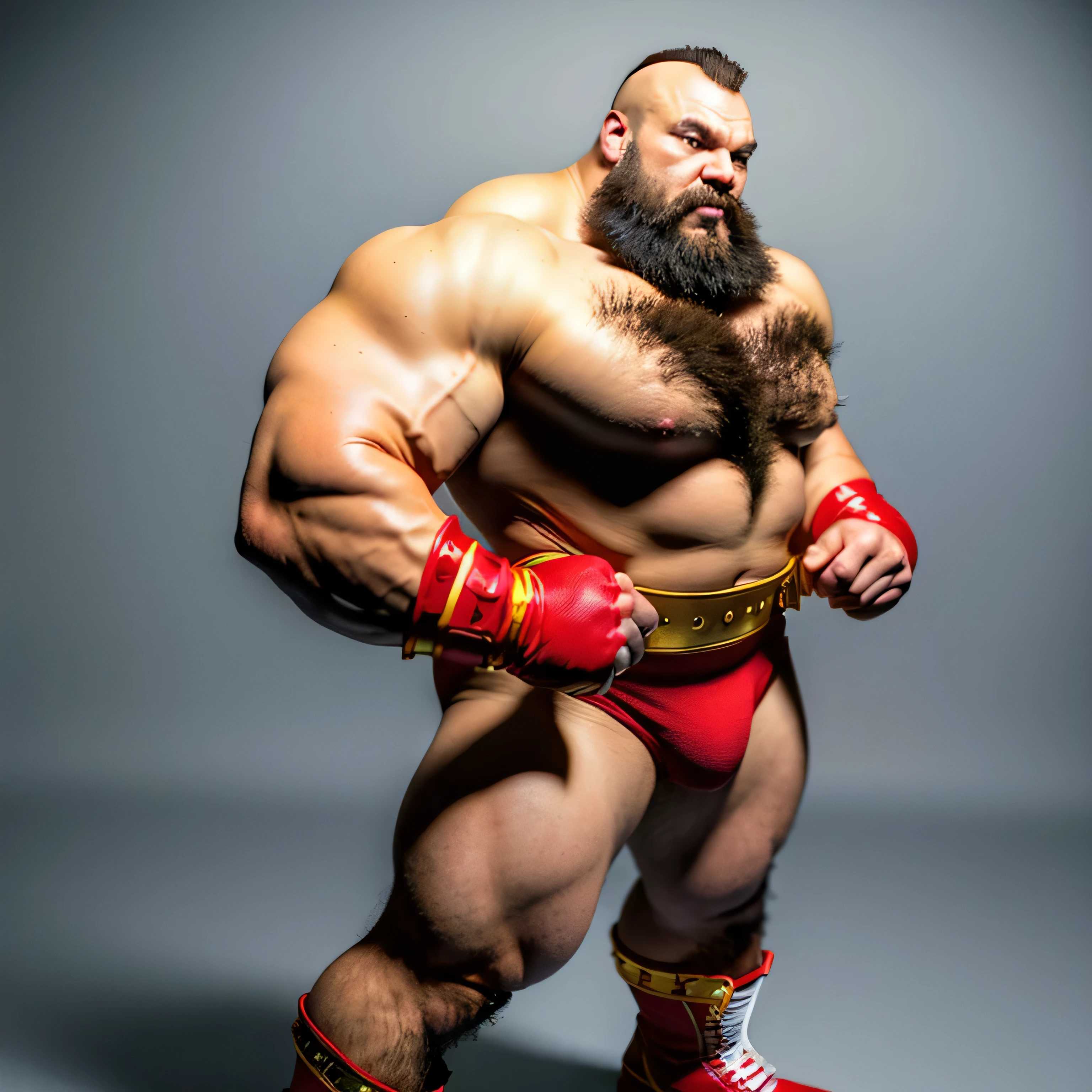 zangief,a man with a beard and a golden belt, fighting game character, street fighter 5,muscled humanoid,heavy looking,buff man,wrestler,Red short briefs,capcom,street fighter,shirtless,muscular male,chest hair,visually weighty,bearded man,mohawk hair,no wristband,Red Wrestling Boots,best quality