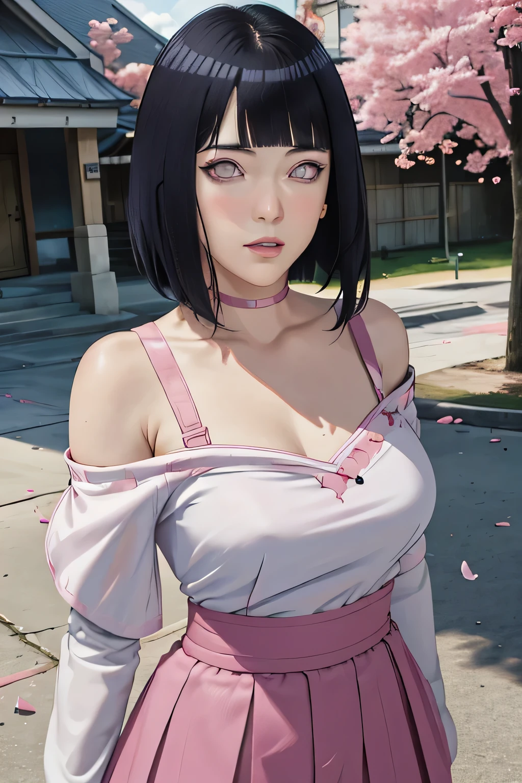 masterpiece, absurdres, hinata\(boruto\), 1girl, solo,mature female, off-shoulder strap bra, high waist short skirt, looking at viewer, (falling petals), perfect composition, detailed lips, big breast, beautiful face, body propotion, blush, (pink lips), long hair, purple eyes, soft gaze, super realistic, detailed, photoshoot, realistic face and body,