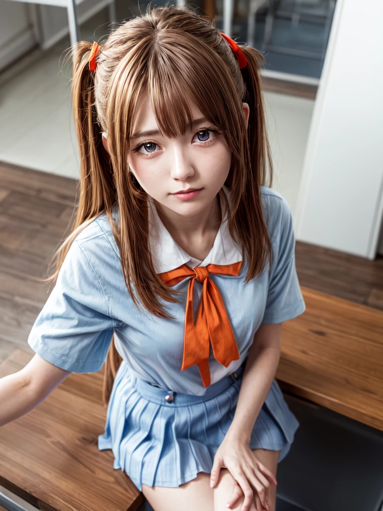 （8k, highest quality, Pieces fly:1.2)、Ultra-high resolution、anime,1 very pretty girl,Asuka Langley,Highly detailed face, Fine grain,blue eyes,,White sailor collar plain short sleeve shirt,Light blue skirt,Light Blue Suspenders,uniform_Red ribbon,Orange Hair,Long Hair、Detailed hand and fingers,put your hands in your hair,Grin、sitting on desk,Shooting from the sky,classroom