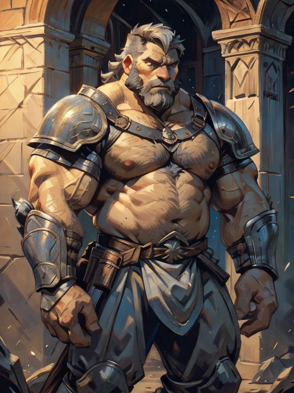 burly virile bulky man, overmuscular and musclebound, bulging veiny muscles, broad shoulders, wide chest, overly thick arms and legs, thick body, a hulking figure with swelling muscles, a long bushy beard, grey hair, a knight wearing armor, high detail, medieval fantasy, realistic, dramatic lighting, dynamic pose, armor details, by Greg Rutkowsky and Boris Vallejo, 4k resolution