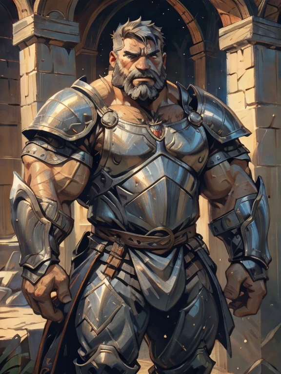 burly virile bulky man, overmuscular and musclebound, bulging veiny muscles, broad shoulders, wide chest, overly thick arms and legs, thick body, a hulking figure with swelling muscles, a long bushy beard, grey hair, a knight wearing armor, high detail, medieval fantasy, realistic, dramatic lighting, dynamic pose, armor details, by Greg Rutkowsky and Boris Vallejo, 4k resolution