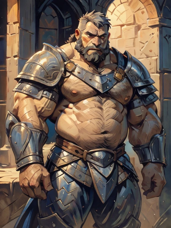 burly virile bulky man, overmuscular and musclebound, bulging veiny muscles, broad shoulders, wide chest, overly thick arms and legs, thick body, a hulking figure with swelling muscles, a long bushy beard, grey hair, a knight wearing armor, high detail, medieval fantasy, realistic, dramatic lighting, dynamic pose, armor details, by Greg Rutkowsky and Boris Vallejo, 4k resolution