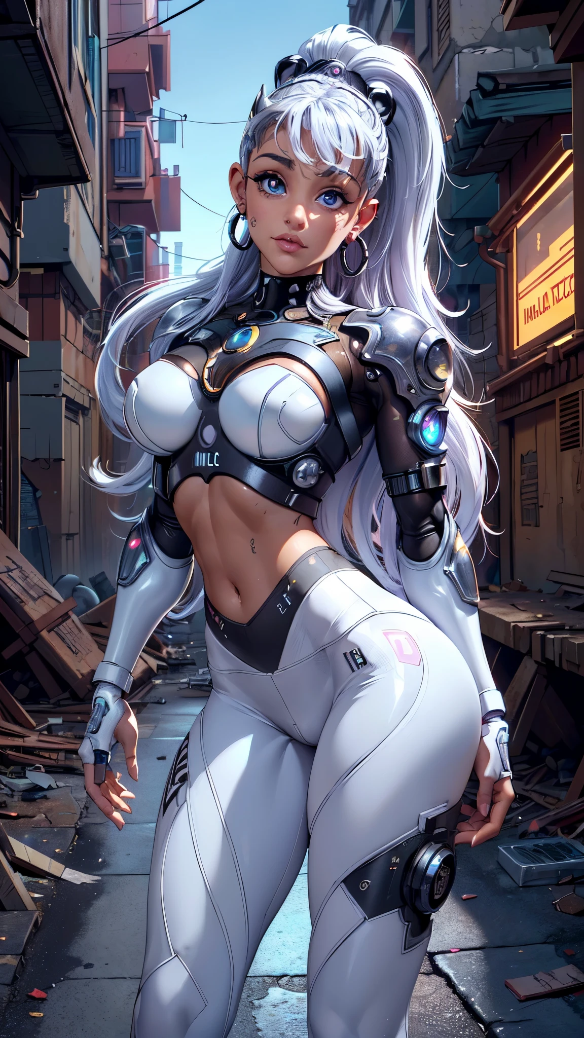 (La mejor calidad,A high resolution,Ultra - detallado,actual),Ariana Grande con leggings rojo,(cabello white canoso :1.4), top de cuero rojo, falda corta roja, ,(Cyberpunk alley ruined dungeon ruins background :1.4 ), More detailed 8K.motor irreal:1.4,UHD,La mejor calidad:1.4, fotorrealista:1.4, textura de la piel:1.4, obra maestra:1.8,obra-prima, mejor calidad,objeto Objeto], (detailed face features:1.3),(Las proporciones correctas),(Ojos hermosos azules:1.4 ),  (pose vaquero), (perfect anatomy:1.4) , (face detailed :1.4), colores brillantes, (Ariana Grande :1.4), (Ariana Grande V2.1), (leggings white :1.4),( no mutaciones), (seaArt 2 technology.1),( the best artistic work), (cyborg white mecánico plastic transparent :1.4), (dynamic cowboy pose) 