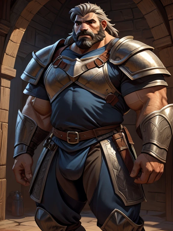 burly virile bulky man, overmuscular and musclebound, bulging veiny muscles, broad shoulders, wide chest, overly thick arms and legs, thick body, a hulking figure with swelling muscles, a long bushy beard, grey hair, a knight wearing armor, high detail, medieval fantasy, realistic, dramatic lighting, dynamic pose, armor details, by Greg Rutkowsky and Boris Vallejo, 4k resolution