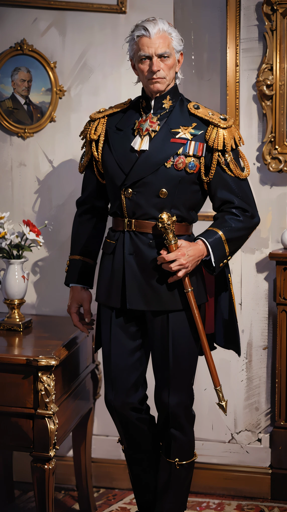 (Best quality, 4K, high resolution, masterpiece, ultra-detailed, realistic anatomy, photo-realistic:1.37), elderly man, high-ranking military officer, (wearing Prussian Field Marshal uniform), (black double-breasted jacket adorned with medals), (matching trousers), (matching shoulder cape), Prussian field marshal cap, black jackboots, gray hair, majestic,  standing authoritatively while holding the Field Marshal's baton, This full-body portrait captures her formidable presence and power, with sharp focus on his uniform's intricate details, his numerous medals, and his intense gaze, The image evokes an aura of experience, discipline, and supreme authority, set against an impressive military headquarters backdrop,