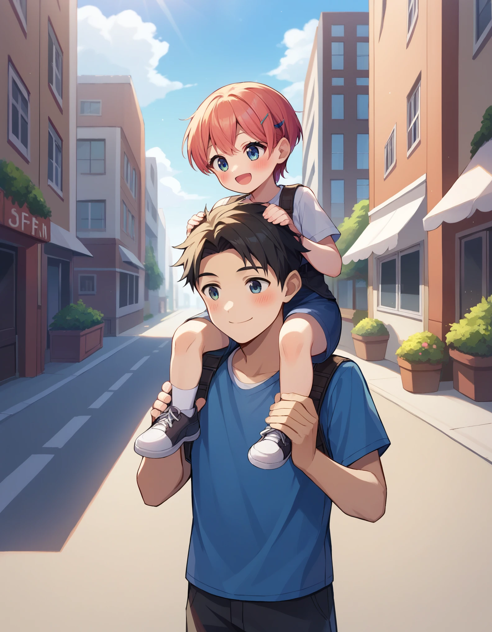 score_9, score_8_up, score_7_up, source_anime, carrying, on shoulders, shoulder carry, 1girl, 1boy, smile, blush, eyes, outdoors, street, shoes,