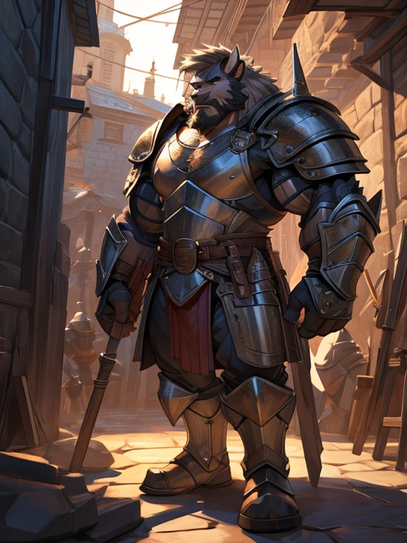 burly virile bulky man, overmuscular and musclebound, bulging veiny muscles, broad shoulders, wide chest, overly thick arms and legs, thick body, a hulking figure with swelling muscles, a long bushy beard, grey hair, a knight wearing armor, high detail, medieval fantasy, realistic, dramatic lighting, dynamic pose, armor details, by Greg Rutkowsky and Boris Vallejo, 4k resolution