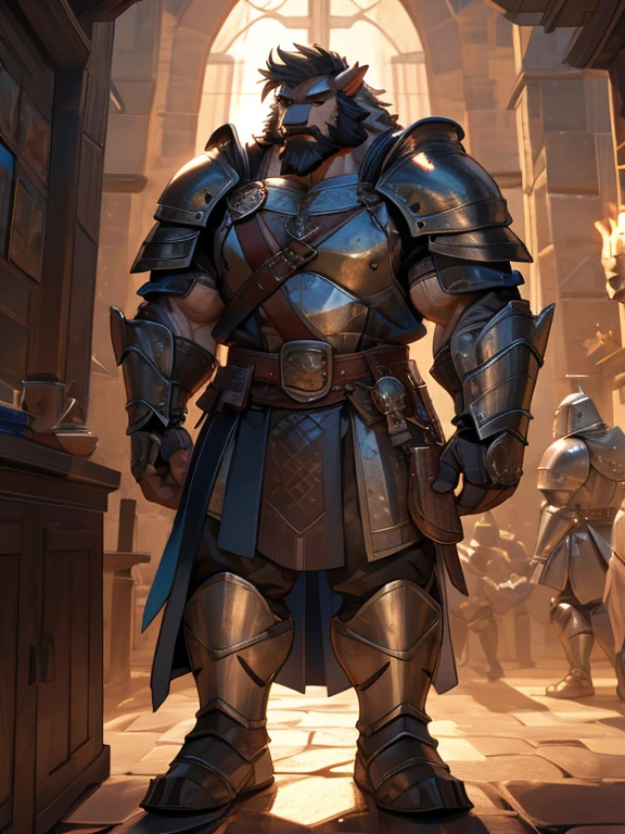 burly virile bulky man, overmuscular and musclebound, bulging veiny muscles, broad shoulders, wide chest, overly thick arms and legs, thick body, a hulking figure with swelling muscles, a long bushy beard, grey hair, a knight wearing armor, high detail, medieval fantasy, realistic, dramatic lighting, dynamic pose, armor details, by Greg Rutkowsky and Boris Vallejo, 4k resolution