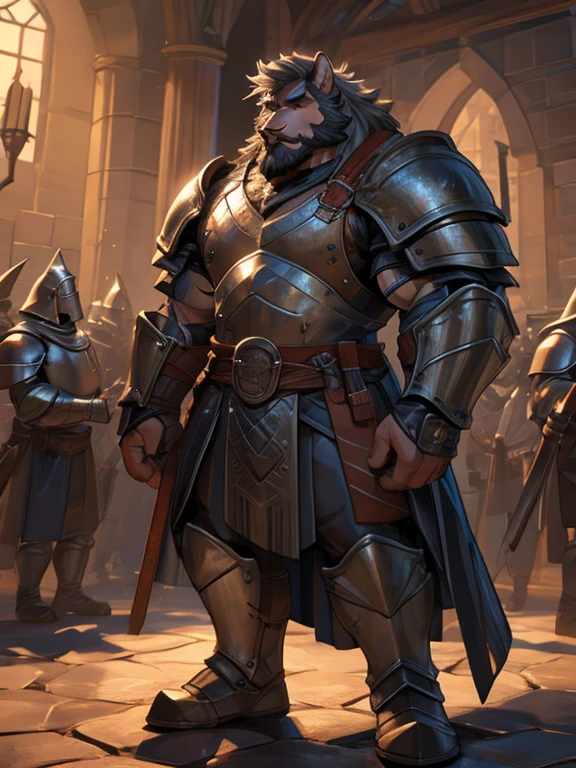 burly virile bulky man, overmuscular and musclebound, bulging veiny muscles, broad shoulders, wide chest, overly thick arms and legs, thick body, a hulking figure with swelling muscles, a long bushy beard, grey hair, a knight wearing armor, high detail, medieval fantasy, realistic, dramatic lighting, dynamic pose, armor details, by Greg Rutkowsky and Boris Vallejo, 4k resolution