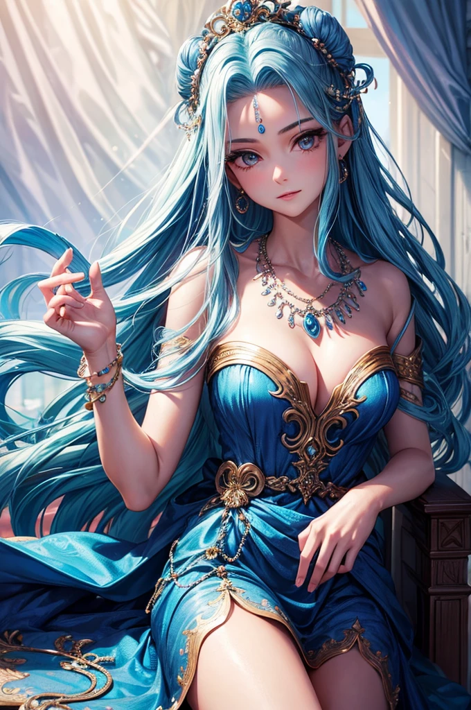best quality, proficient, Detailed hair, high resolution, (((Itching))) ,necklace, Hair accessories, (Pretty Face), blue dress, Looking at the audience, Blue Hair, permanent, (Above the waist),Medusa