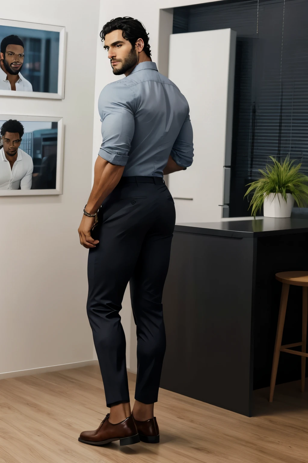 Un hombre negro con la cara se parece a Henry Cavill. Black man, Su cuerpo es musculoso y pe barba dentada. Big butt, in a moment of reflection. Full body. Camisa Fajada, ropa semi formal, pantalon gris, backside.