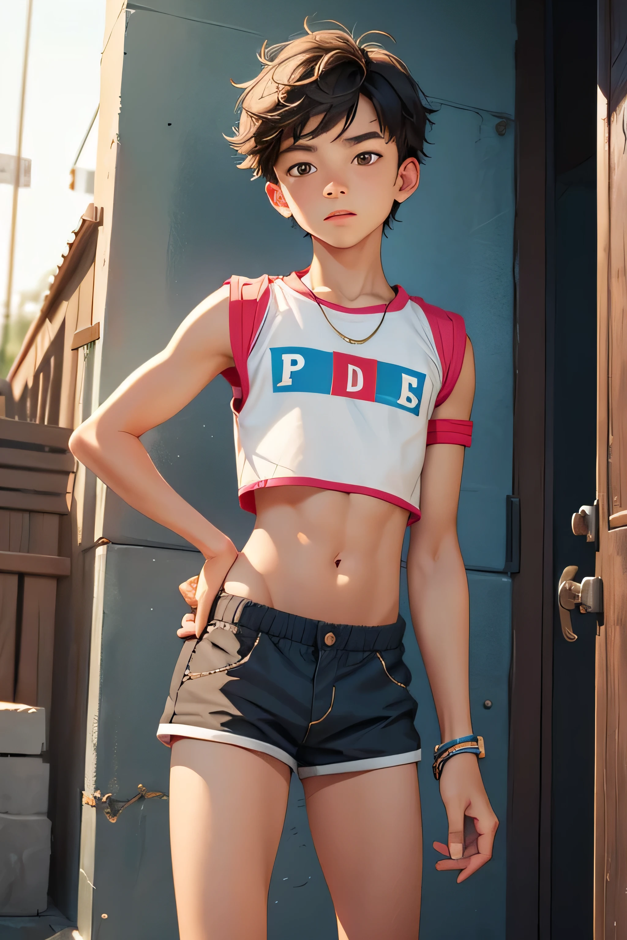 boy 14 yy wears a crop top and too very short shorts,
