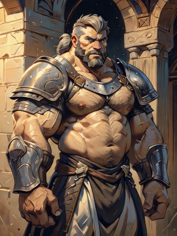 burly virile bulky man, overmuscular and musclebound, bulging veiny muscles, broad shoulders, wide chest, overly thick arms and legs, thick body, a hulking figure with swelling muscles, a long bushy beard, grey hair, a knight wearing armor, high detail, medieval fantasy, realistic, dramatic lighting, dynamic pose, armor details, by Greg Rutkowsky and Boris Vallejo, 4k resolution