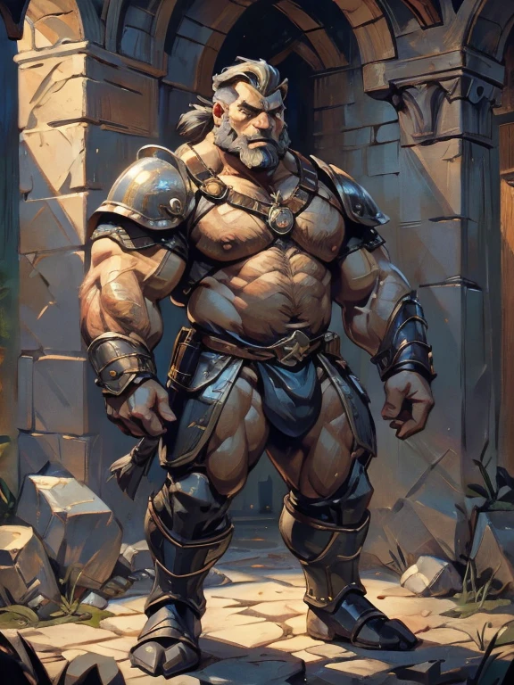 burly virile bulky man, overmuscular and musclebound, bulging veiny muscles, broad shoulders, wide chest, overly thick arms and legs, thick body, a hulking figure with swelling muscles, a long bushy beard, grey hair, a knight wearing armor, high detail, medieval fantasy, realistic, dramatic lighting, dynamic pose, armor details, by Greg Rutkowsky and Boris Vallejo, 4k resolution