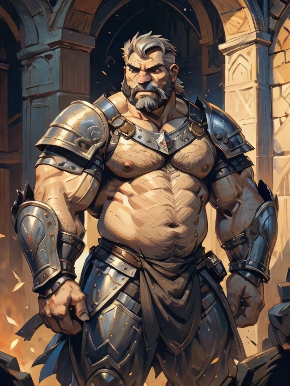 burly virile bulky man, overmuscular and musclebound, bulging veiny muscles, broad shoulders, wide chest, overly thick arms and legs, thick body, a hulking figure with swelling muscles, a long bushy beard, grey hair, a knight wearing armor, high detail, medieval fantasy, realistic, dramatic lighting, dynamic pose, armor details, by Greg Rutkowsky and Boris Vallejo, 4k resolution