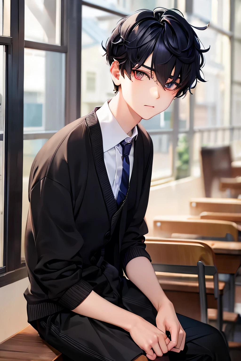 androgynous, expressionless, straight face, Cavalier, school background, student, Overfit cardigan, Short hair, black hair, short cut, tall, broad shoulders, Masculinity