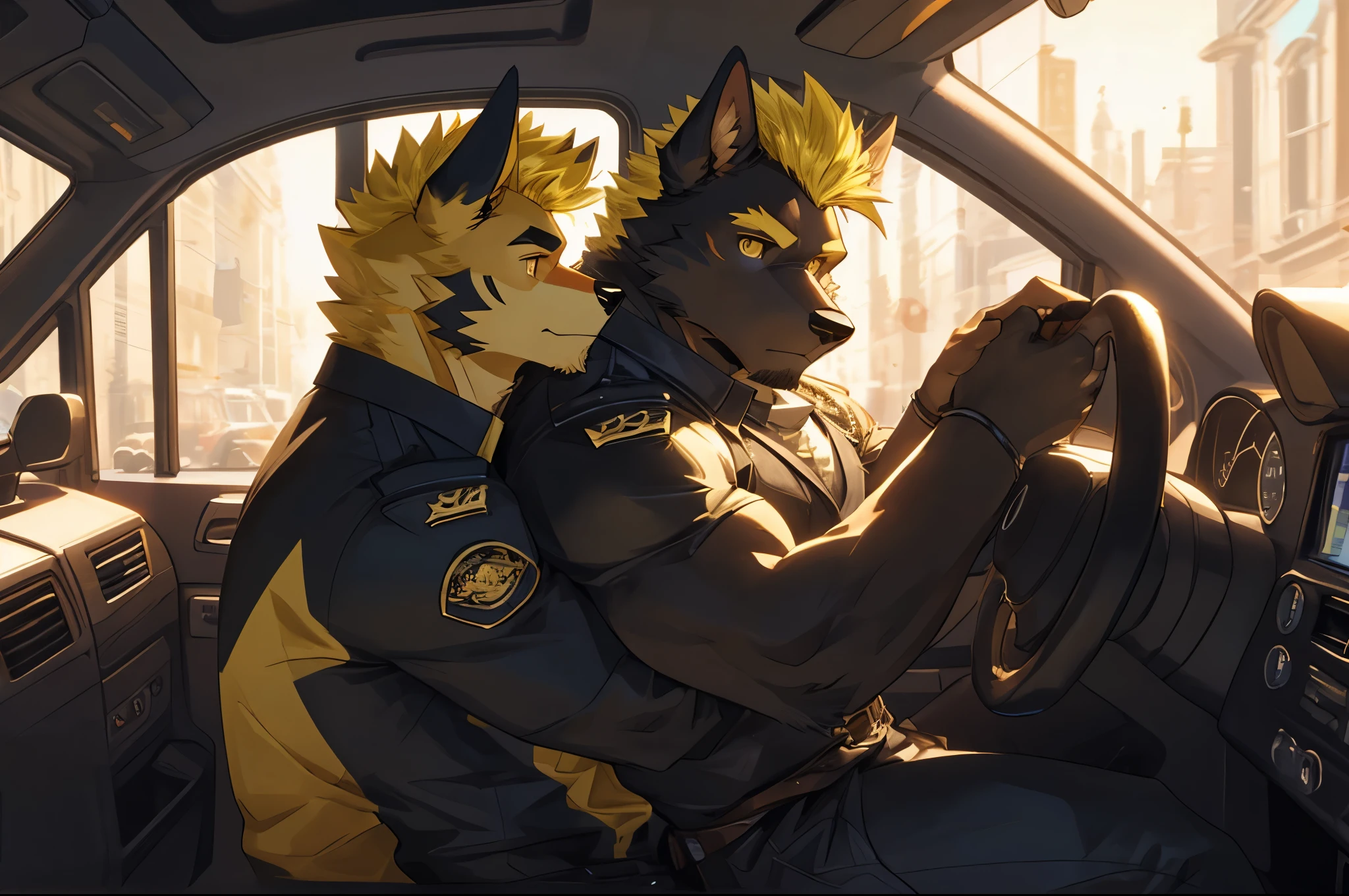 ((best quality)), ((masterpiece)), (detailed), perfect face, bara furry, dog man, big body, black skin, short quiff yellow hair, yellow eyes, perfect eyes, long dog ears, handsome, in the car