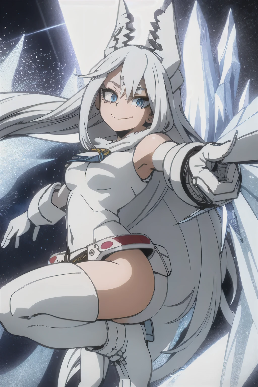 1 girl, long hair, white hair, blue eyes, cute smile, white bodysuit, white fur on the shoulder, white hood with fur, cloak with a rivet in the form of a crystal, big boots, white big gloves, blue belt, ice, snow