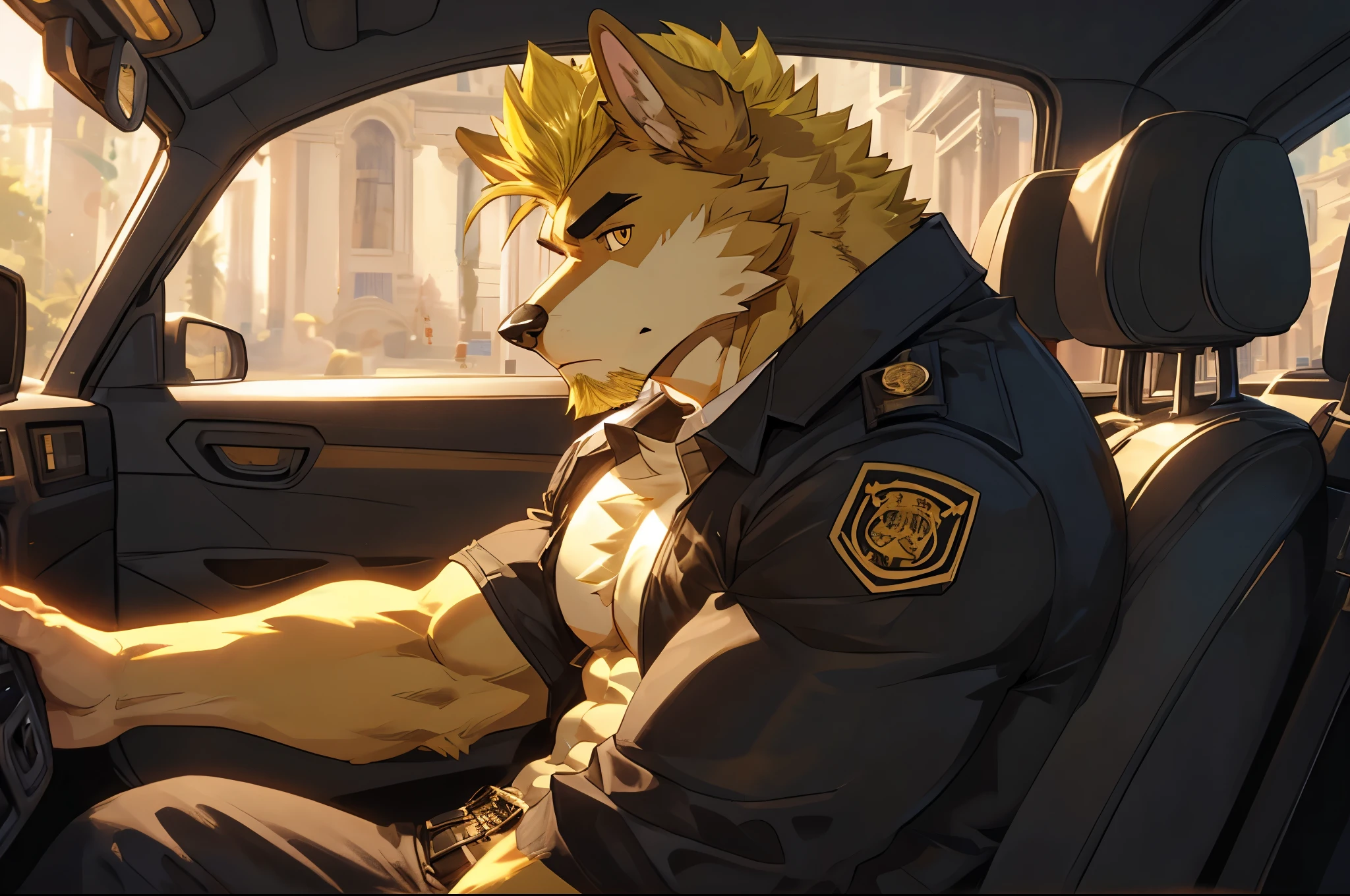 ((best quality)), ((masterpiece)), (detailed), perfect face, bara furry, dog man, big body, black skin, short quiff yellow hair, yellow eyes, perfect eyes, long dog ears, handsome, in the car