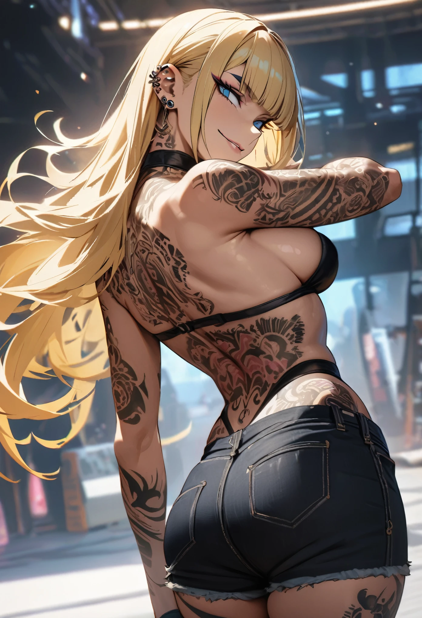 (best quality) A very tattooed girl with (blonde hair) with (bangs) and (blue eyes) and makeup wearing a strapless top and black jeans shorts with visible panty straps and ear piercings. sexy pose, smirk, side glance,back tattoo, thigh tattoo