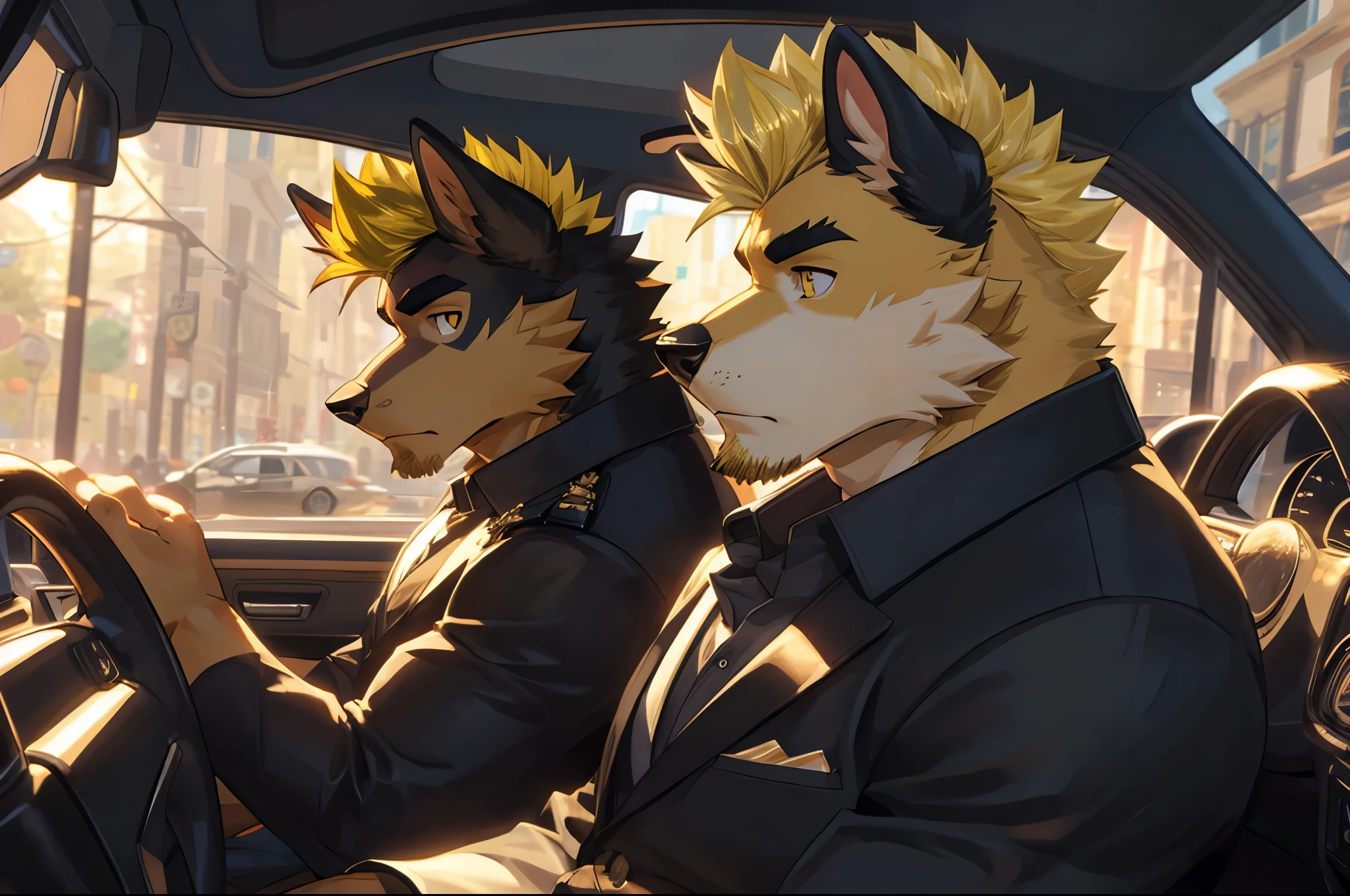 ((best quality)), ((masterpiece)), (detailed), perfect face, bara furry, dog man, big body, black skin, short quiff yellow hair, yellow eyes, perfect eyes, long dog ears, handsome, in the car