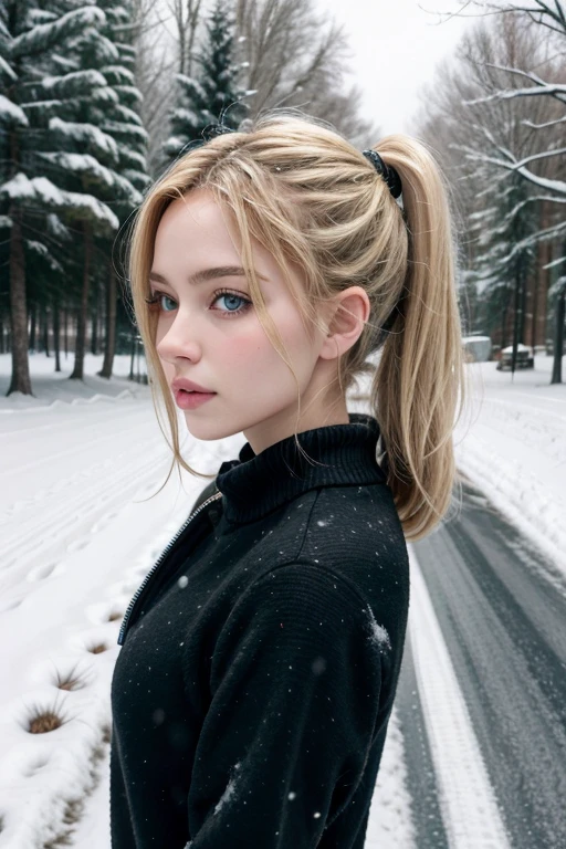 European girl, Beautiful face, slim, blonde, pony tail, in black thongs, snow, road, without a jacket, no jacket 