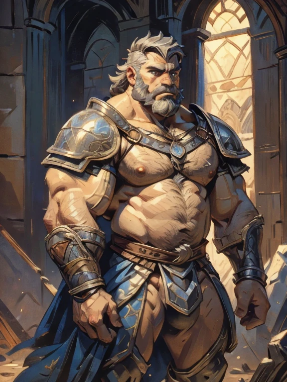 burly virile bulky man, overmuscular and musclebound, bulging veiny muscles, broad shoulders, wide chest, overly thick arms and legs, thick body, a hulking figure with swelling muscles, a long bushy beard, grey hair, a knight wearing armor, high detail, medieval fantasy, realistic, dramatic lighting, dynamic pose, armor details, by Greg Rutkowsky and Boris Vallejo, 4k resolution