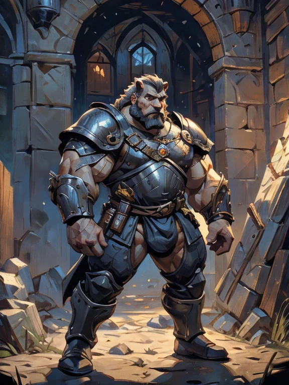 burly virile bulky man, overmuscular and musclebound, bulging veiny muscles, broad shoulders, wide chest, overly thick arms and legs, thick body, a hulking figure with swelling muscles, a long bushy beard, grey hair, a knight wearing armor, high detail, medieval fantasy, realistic, dramatic lighting, dynamic pose, armor details, by Greg Rutkowsky and Boris Vallejo, 4k resolution