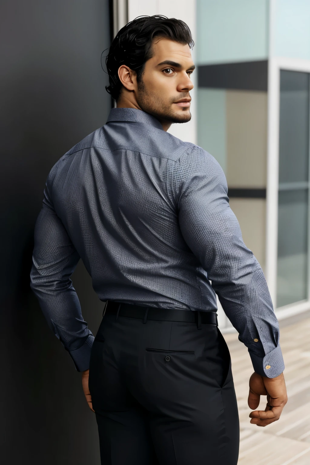 Un hombre negro con la cara se parece a Henry Cavill. Black man, Su cuerpo es musculoso y pe barba dentada.  Big butt, in a moment of reflection. Full body. Camisa Fajada, ropa semi formal, pantalon gris, backside. 