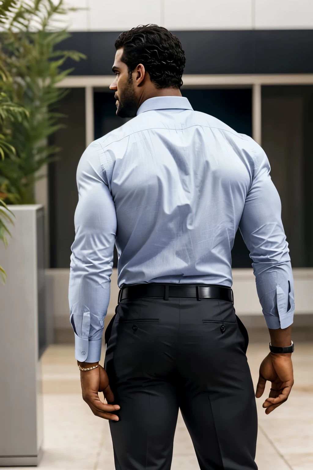 Un hombre negro con la cara se parece a Henry Cavill. Black man, Su cuerpo es musculoso y pe barba dentada.  Big butt, in a moment of reflection. Full body. Camisa Fajada, ropa semi formal, pantalon gris, backside. 