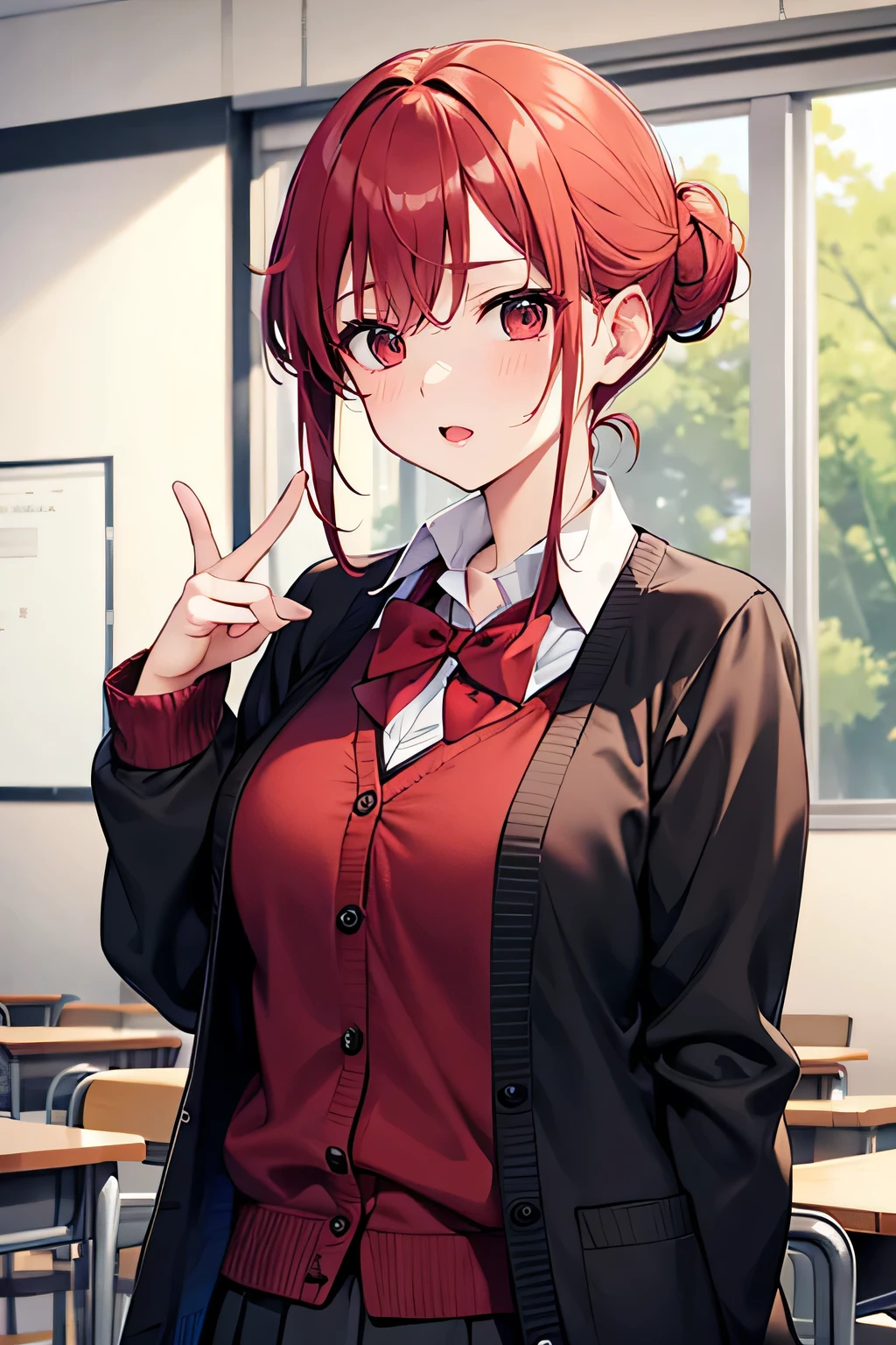 red hair, low bun hair, round eyes, smart, school, classroom background, black cardigan, Check skirt, red bow tie, curious, surprised expression