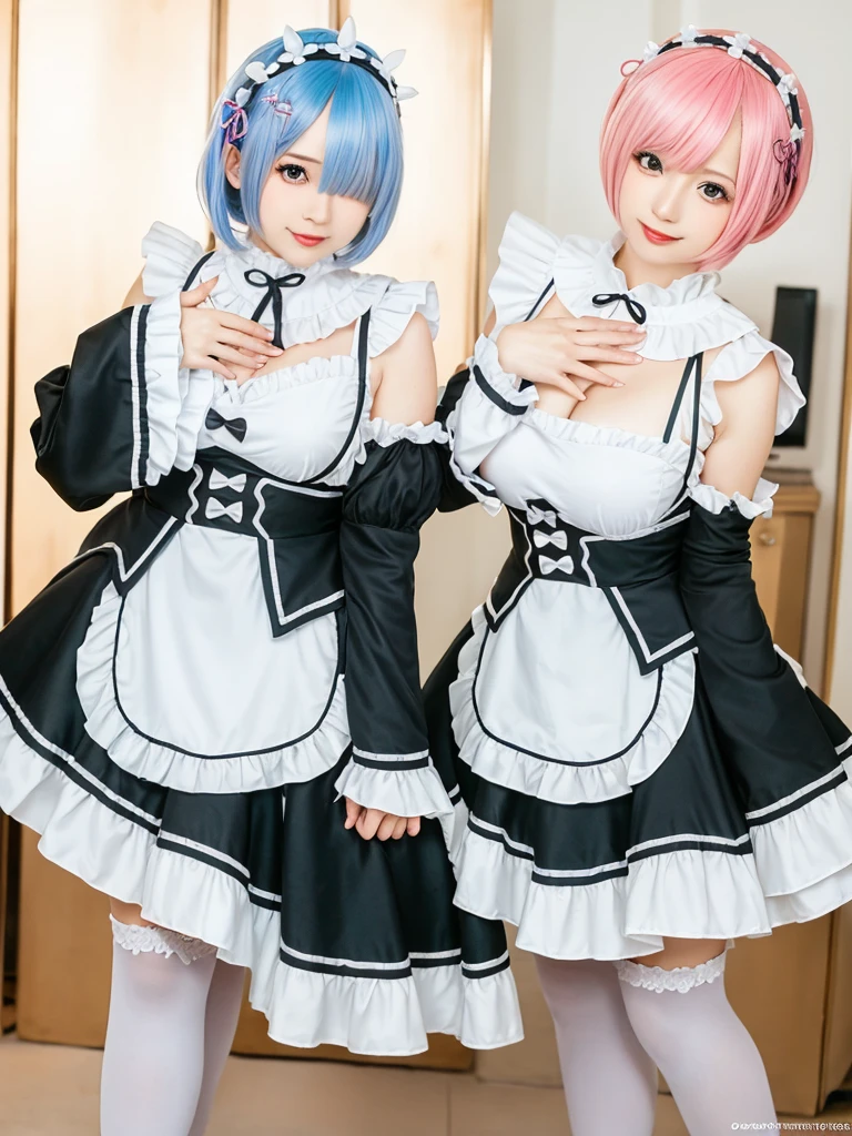 (8K, Photorealistic, Raw photo, of the highest quality: 1.3), (1girl in), Super beautiful, (Realistic face), (boyish, light blue Color Berry Shorthair),(8K, Photorealistic, Raw photo, of the highest quality: 1.3), (1girl in), Super beautiful, (Realistic face), (boyish, pink Color Berry Shorthair), Beautiful , Glare that captivates the viewer, Beautiful expression, Beautiful breasts, (Realistic skin), Be...Create a detailed and colorful image of Ram and Rem from Re:Zero, standing back-to-back in their maid outfits, with a magical fantasy background、14years old, two girls,cute, perfect face, beautiful, nice body, gothic lolita clothes, gothic lolita fashion, frilly skirt, headdress, necklace, bracelet, knee-high socks, boots, double eyelids, tear bags, Detailed down to the fingers, photo-like description, indoors, dim indoor lighting, one girl is pink hair and short bob, another girl is light blue hair and short bob,standing, whole body, composition that shows the whole body, smiling,The Both of them are wearing the same type of maid outfit