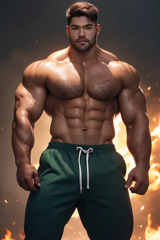 (ultra-detailed,photorealistic:1.2), muscular, towering figure, broad-shouldered, massive arms, bulging muscles, like a giant bear, loose battle robes unable to conceal the muscular lines on his arms, arms thicker than a grown man's legs, thighs thicker than a person's waist, fiery red hair and crimson eyes, handsome features displaying both youthful vigor and masculine charm, a mischievous and affable expression in his slightly raised eyebrows, a scar running through his right eye.
