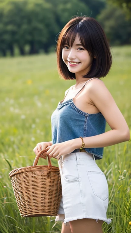 anime Japanese woman with short black hair 20th Generation smile White tank top Denim shorts grassland Flower picking Have a basket