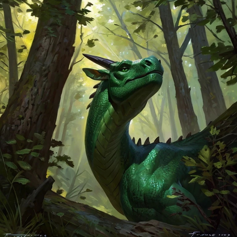 Detailed painting, by Taran Fiddler, solo, dragon, full body, feral, forest, shimmering green scales, slender body, long snout, deep green eyes