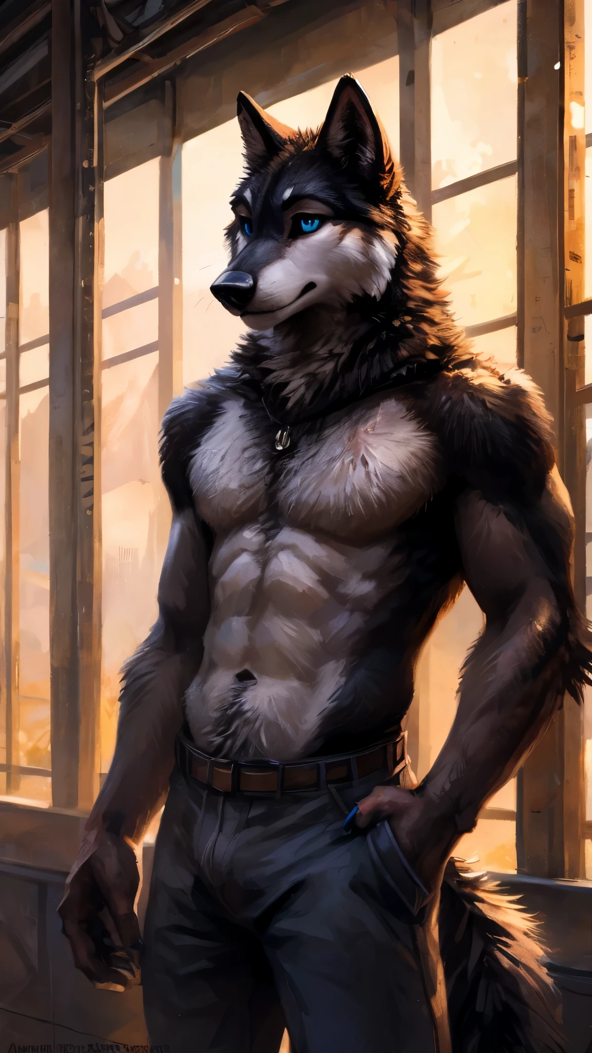 Sunlight, masterpiece, high quality, Solitary, ager毛茸茸, hairy, teen, black Wolf, Black tail hairstyle,Purple eyebrows,Blue eyes,Purple iris,masterpiece, Have muscles, Detailed hands, Black back,Purple belly,Black Arm,teal blue nails,Delicate face, Delicate eyes, detailed body, Flat body, Skinny, paw, high resolution, No shirt, No underwear, Hangar background,daytime,noon, big eyes, Oblique body, Kenket's Art