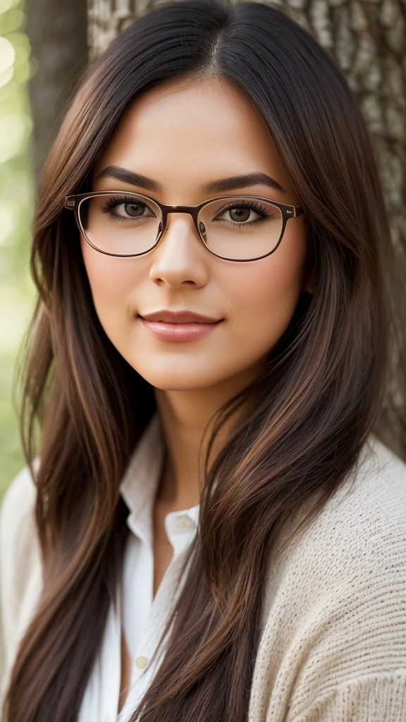 Create an image with the characteristics defined in the tag and avoid using the characteristics defined in the tag. Beautiful woman, well positioned, of incomparable beauty, perfect face in all features, captivates and enchants whoever looks at her; she wears prescription glasses; beautiful dimples near the mouth, soft expression lines bringing more realism to the woman; Her skin touched by sunlight makes the scene even more stunning. Her clothes are long and charming, mixing European style with more futuristic fashion.
In the background, a cozy and rustic environment, the setting is bathed by a dense forest; the entire main scene is created to transform the entire scene into something spectacular. Warm and cozy colors predominant in the scene. - Realistic and sharp details in all elements of the image. - Sharp focus on the woman with rectangular glasses and the objects close to her. - Balanced and pleasing to the eye composition. - Image resolution of at least 1920x1080 pixels. - Do not include any other person or animal in the scene besides the woman. - Avoid vibrant and contrasting colors that clash with the welcoming environment. - Do not include modern or technological elements that break the cozy atmosphere. - Avoid hard or overly defined shadows that detract from the smoothness of the scene. - Do not include elements that suggest movement or agitation. - Avoid cluttered or out-of-place objects in the composition. - Do not include people in the scene. - Avoid objects that do not fit aesthetically into the peaceful and familiar environment. To capture this extraordinary scene, it would be necessary to use the best camera available, equipped with high-resolution lenses and the ability to capture light in adverse conditions. A high-end medium format digital camera is recommended, such as the Phase One XF IQ4 150MP, capable of capturing incredible detail and vibrant colors even in low-light conditions. Lighting: Diffused natural lighting, softly filtered to minimi