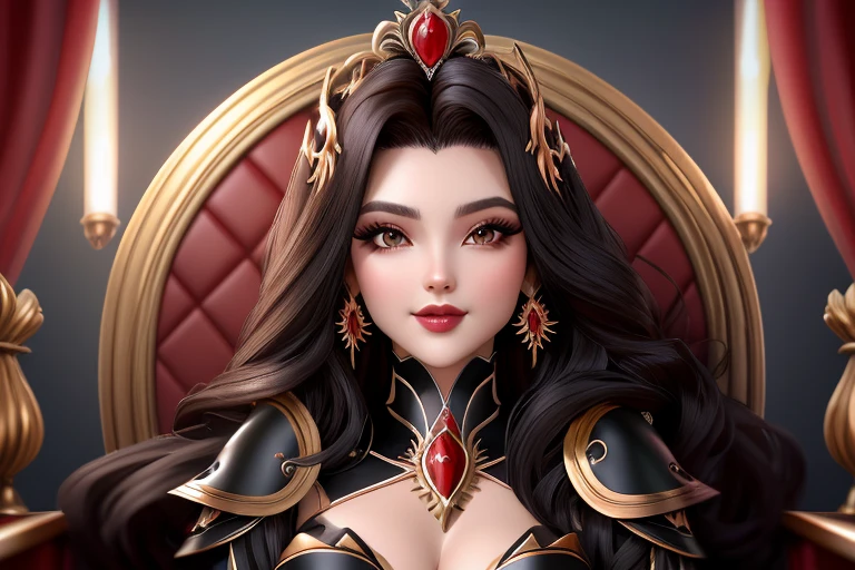 linda  de cabelo preto longo ,olhos azuis ,labios vermelhos ,com roupa sex ,gostosa sentada em um trono de luxo 