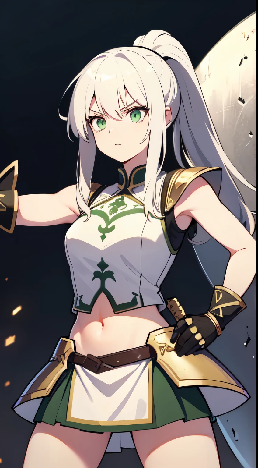 Tall girl, Long white hair, Green eyes, knight armor, Sleeveless, open belly, high ponytail, Sword and Shield, combat stance, Masterpiece, hiquality