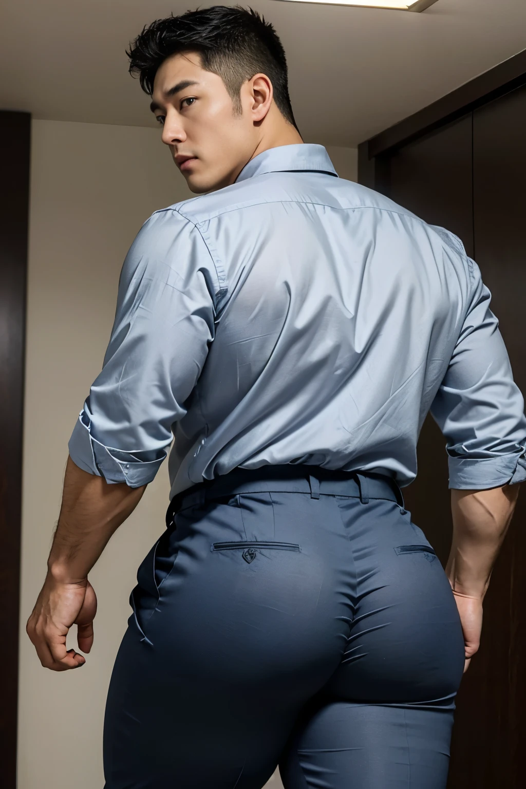 40-year-old boy ,Korean bulky male officer ,Wear navy blue police uniform shirt................ light grey satin smooth tight trouser, transparent pants obvious underwear print ,((unrealistic super big tight butt wearing pants)), walking up stairs, camera from low angle looking up