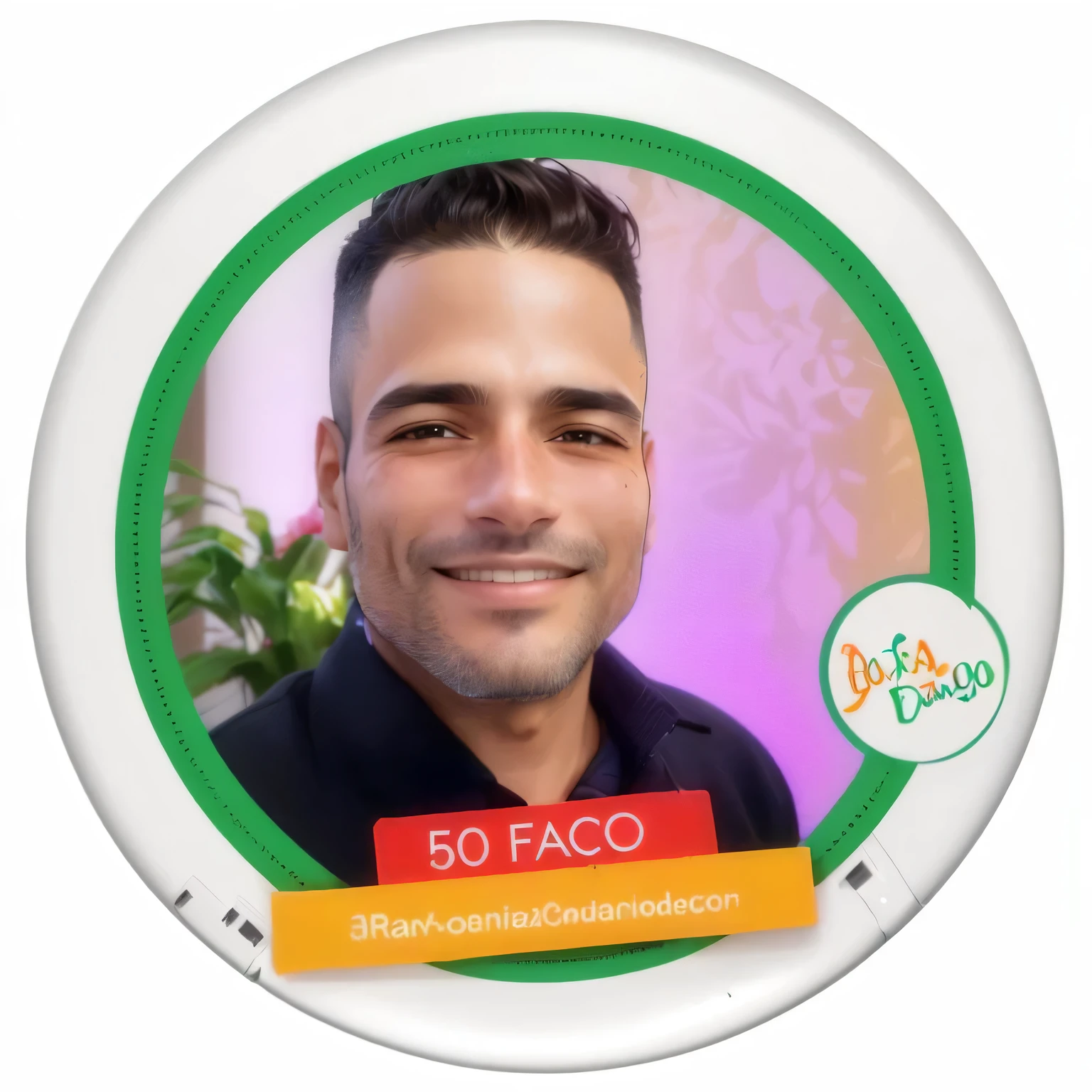 a close-up of a person on a button with a photo of a man, cara cara, diego fazio, caio santos, Rosto europeu, foco facial!, por Emma Rios, rosto redondo completo!, powder Nándor Katona, in sao paulo, dan dos santos, face shows no emotion, rosto redondo completo, CEO