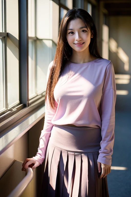 ((highest quality)), ((masterpiece)), (detailed), Perfect Face, Japanese, Only one female, Walk slowly, (Light purple long sleeve blouse) break (Purple long skirt:), Mature Woman, break (((Straight Hair)))、 (Long black hair), Showing his forehead, A light smile, (masterpiece highest quality:1.2) 繊細なイラスト 超detailed, large breasts break (((Attendance book))) break (School corridor) indoor, (Corridor window), (Light of the setting sun), detailedな背景
